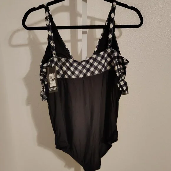 Beach Scene Women's One Piece Swimsuit Size Large NWT Black White Gingham - Picture 6 of 11